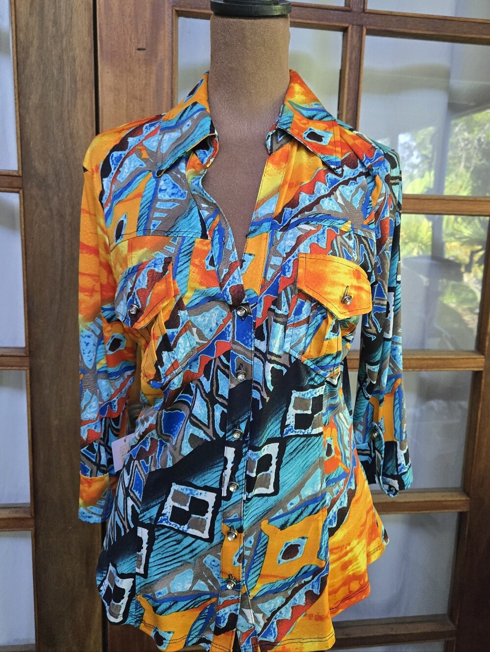 Women's Vibrant Mesmerize Safari Top In Orange & Teal Button-Front Shirt